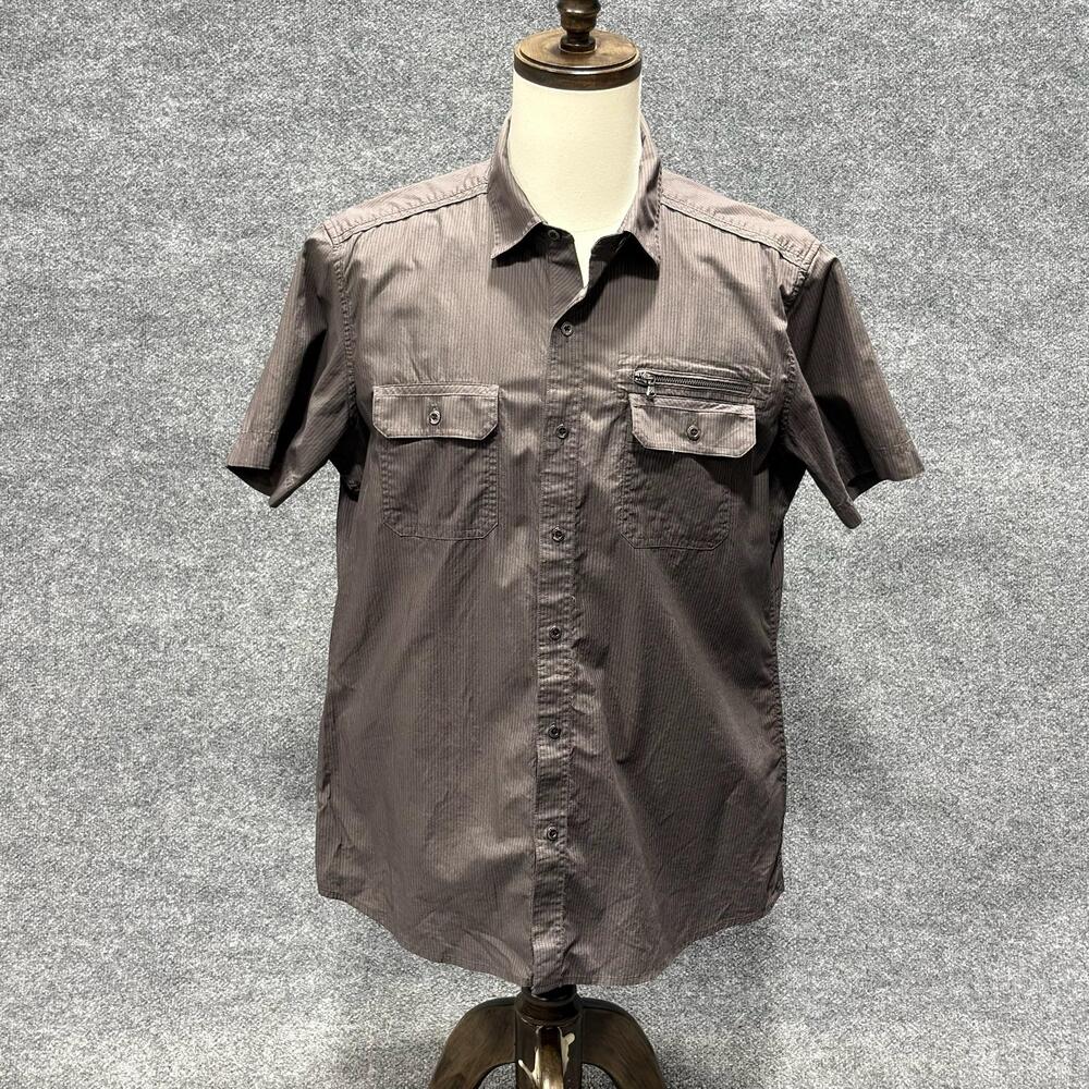 Rock & Republic Shirt Mens Large Brown Striped Short Sleeve Button Up Casual